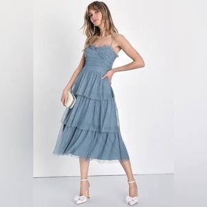 Lulus Sweetheart Style Slate Blue Polka Dot Bustier Tiered Midi Dress
